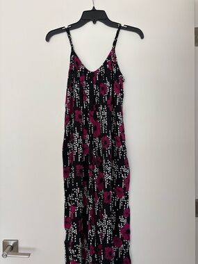 Ava Sky Black Floral Maxi romper split leg with Magenta & White Print